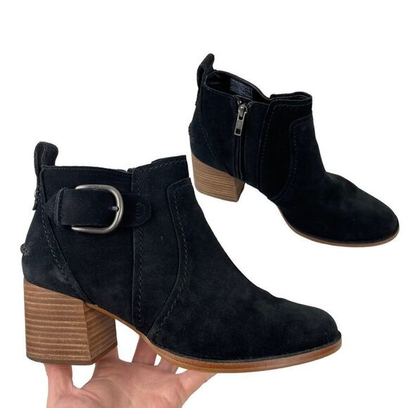 UGG Shoes - UGG Leahy Black Suede Leather Ankle Boots Stacked Block Heel Booties Size 9